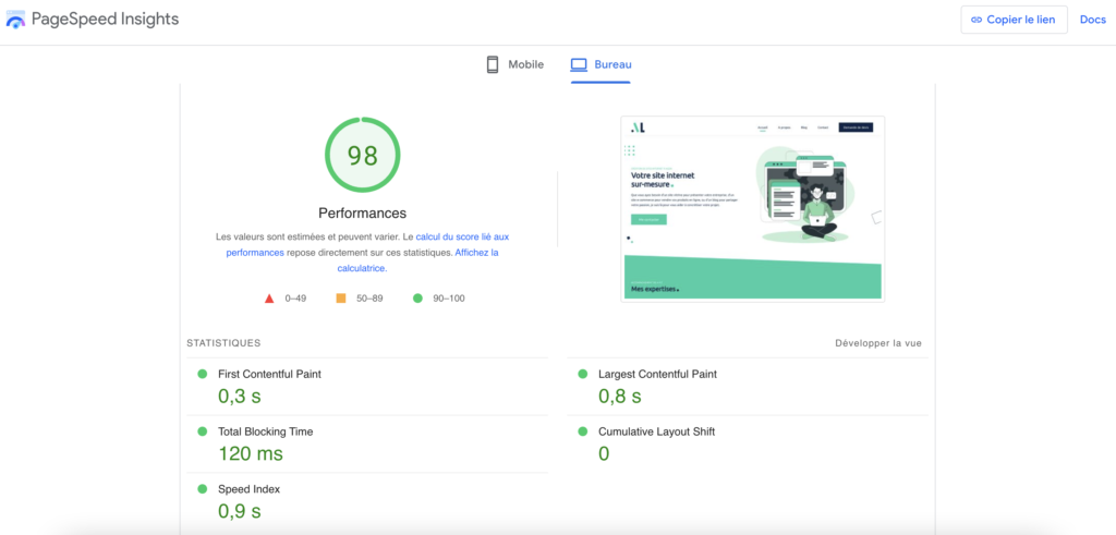 site web performant sur page speed insights