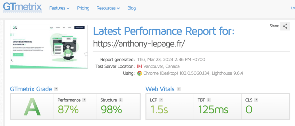 statistiques gtmetrix site anthony lepage